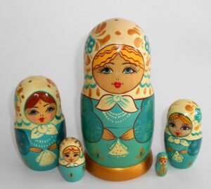 Cyan dress white scarf II 5-set Babushka Matryoshka nesting Doll Babooshki Babushkas Classic Village Traditional