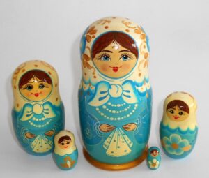 Blue dress white scarf II 5-set Babushka Matryoshka nesting Doll Babooshki Babushkas Classic Village Traditional