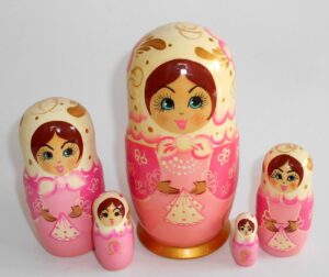 Pink dress white scarf 5-set Babushka Matryoshka nesting Doll Babooshki Babushkas Classic Village Traditional