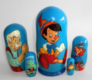Pinocchio on blue Babushka Matryoshka nesting Doll Babooshki Babushkas