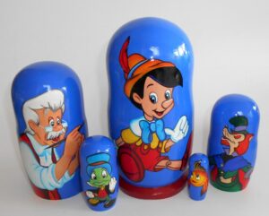 Pinocchio on dark blue Babushka Matryoshka nesting Doll Babooshki Babushkas