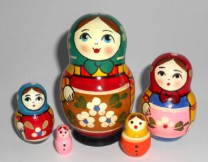 Village 5 set cyan scarf brown apron Babushka Matryoshka nesting Doll Babooshki Babushkas Classic Village Traditional