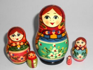 Village 5 set red scarf cyan apron Babushka Matryoshka nesting Doll Babooshki Babushkas Classic Village Traditional