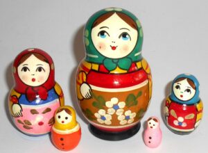 Village 5 set cyan scarf red dress Babushka Matryoshka nesting Doll Babooshki Babushkas Classic Village Traditional