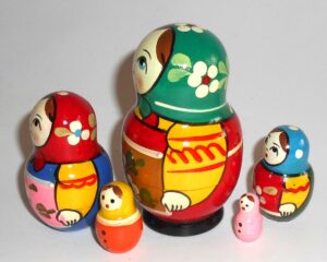 Village 5 set cyan scarf red dress nesting Doll Babooshki s Classic Village Traditional