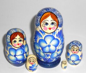 Girl in blue and white dress 5-set Babushka Matryoshka nesting Doll Babooshki Babushkas