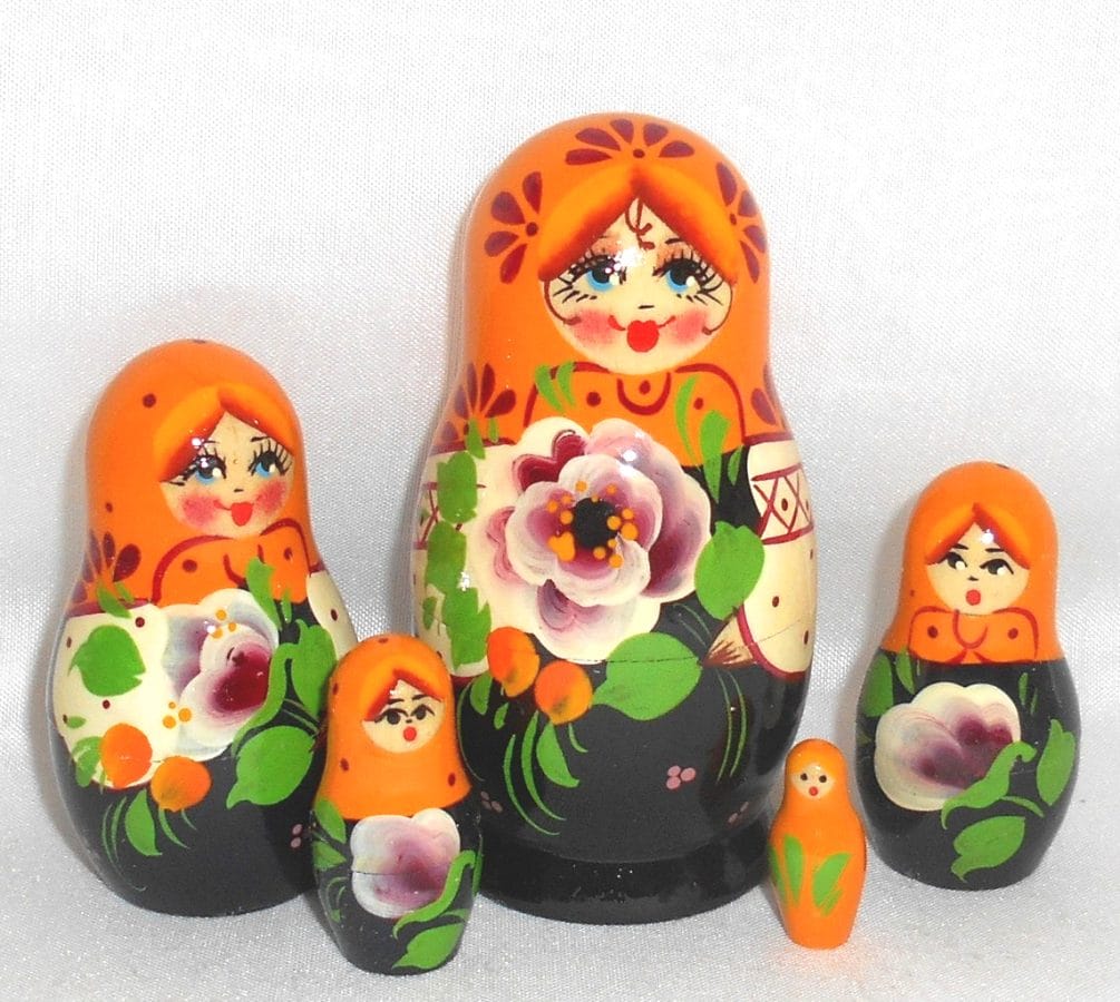 Vyatka floral yellow Orangie scarf 5-set nesting Doll Babooshki s Classic Village Traditional