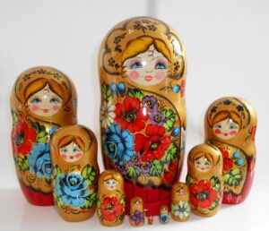 GIANT Ksenia gold scarf huge 10-set Babushka Matryoshka nesting Doll Babooshki Babushkas