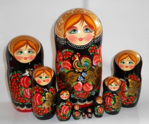 GIANT Ksenia with rooster black scarf huge 10-set Babushka Matryoshka nesting Doll Babooshki Babushkas