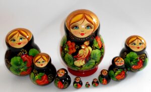 Ksenia  with bird black dress 10-set Babushka Matryoshka nesting Doll  Babooshki Babushkas