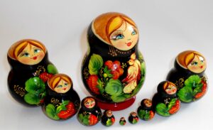 Ksenia with bird black dress 10-set nesting Doll Babooshki s