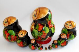 Ksenia with bird black dress 10-set nesting Doll Babooshki s