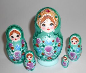 Pastel Vera in faded green dress Babushka Matryoshka nesting Doll Babooshki Babushkas