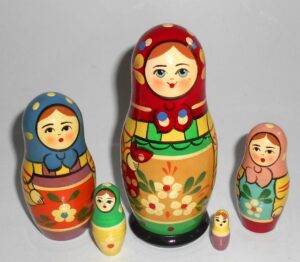 Village 5-set tall red scarf sandy apron Babushka Matryoshka nesting Doll Babooshki Babushkas Classic Village Traditional