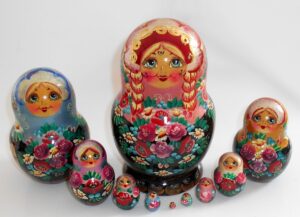 Alevtina in hot pink scarf 10-set Babushka Matryoshka nesting Doll Babooshki Babushkas