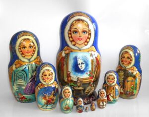 Snow Queen fairy tale huge 10-set in blue Babushka Matryoshka nesting Doll Babooshki Babushkas