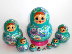 Girl in cyan dress 10-set Babushka Matryoshka nesting Doll Babooshki Babushkas