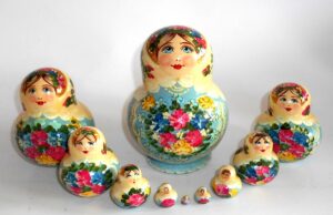 Klara in perl scarf light blue dress 10-set Babushka Matryoshka nesting Doll Babooshki Babushkas