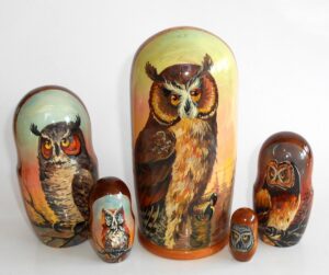 Owl on sunset Babushka Matryoshka nesting Doll Babooshki Babushkas