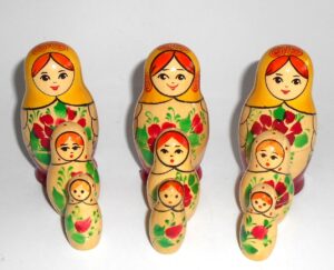 Collection of THREE Kirovie 3-set Babushkas Babushka Matryoshka nesting Doll Babooshki Babushkas Classic Village Traditional