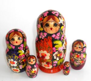 Olga in floral scarf orange dress 5-set Babushka Matryoshka nesting Doll Babooshki Babushkas Classic Village Traditional