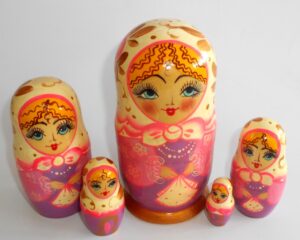 White scarf purple dress5-set Babushka Matryoshka nesting Doll Babooshki Babushkas Classic Village Traditional
