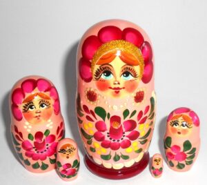 Olga in pink and dark red dress Babushka Matryoshka nesting Doll Babooshki Babushkas