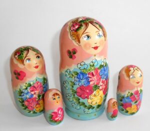 Klara small in pink scarf light blue dress nesting Doll Babooshki s