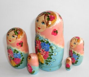 Klara small in pink scarf light blue dress nesting Doll Babooshki s