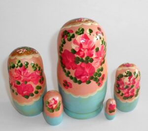 Klara small in pink scarf light blue dress nesting Doll Babooshki s