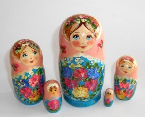 Klara small in pink scarf blue dress Babushka Matryoshka nesting Doll Babooshki Babushkas
