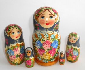 Klara small in dark blue scarf golden dress Babushka Matryoshka nesting Doll Babooshki Babushkas