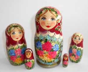 Klara small in dark red scarf pale dress Babushka Matryoshka nesting Doll Babooshki Babushkas