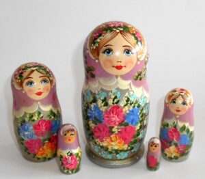 Klara small in purple scarf pale dress Babushka Matryoshka nesting Doll Babooshki Babushkas