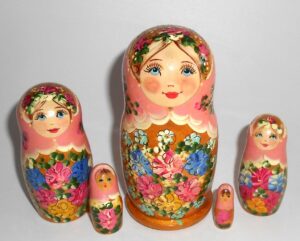 Klara small in pink scarf golden dress Babushka Matryoshka nesting Doll Babooshki Babushkas