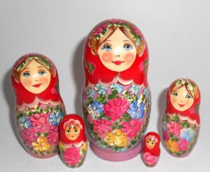 Klara small in red scarf purple dress Babushka Matryoshka nesting Doll Babooshki Babushkas