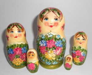 Klara small in pale scarf green dress Babushka Matryoshka nesting Doll Babooshki Babushkas