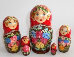 Klara small in red scarf brown dress Babushka Matryoshka nesting Doll Babooshki Babushkas
