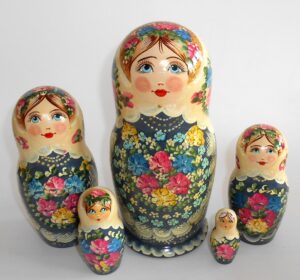 LARGE Klara in white scarf dark blue dress Babushka Matryoshka nesting Doll Babooshki Babushkas
