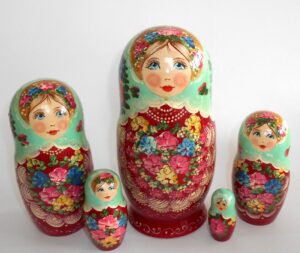 LARGE Klara in light green scarf dark red dress Babushka Matryoshka nesting Doll Babooshki Babushkas