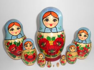 Kirovie light blue scarf red dress 10-set Babushka Matryoshka nesting Doll Babooshki Babushkas Classic Village Traditional