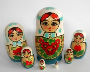 Kirovie white scarf cyan dress 7-set large Babushka Matryoshka nesting Doll Babooshki Babushkas Classic Village Traditional