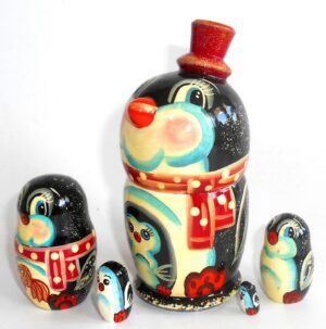 Funny Penguin red hat with baby Babushka Matryoshka nesting Doll Babooshki Babushkas