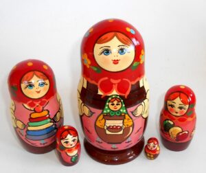 Zagorsk red scarf pink apron Babushka Matryoshka nesting Doll Babooshki Babushkas Classic Village Traditional