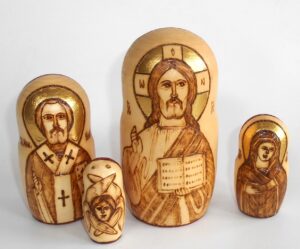 Saviour, Saints and Angel wood-burn 4-set Babushka Matryoshka nesting Doll Babooshki Babushkas
