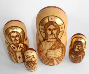 Saviour, Saints and Angel wood-burn 4-set nesting Doll Babooshki s
