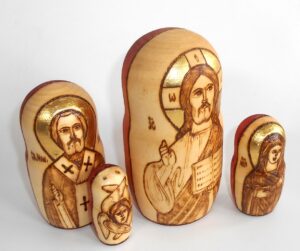 Saviour, Saints and Angel wood-burn 4-set nesting Doll Babooshki s