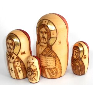 Saviour, Saints and Angel wood-burn 4-set nesting Doll Babooshki s