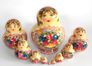 Klara in white scarf light purple dress 10-set Babushka Matryoshka nesting Doll Babooshki Babushkas