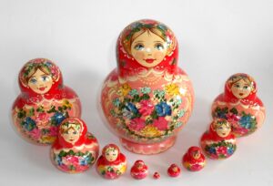 Klara in red scarf pink dress 10-set Babushka Matryoshka nesting Doll Babooshki Babushkas